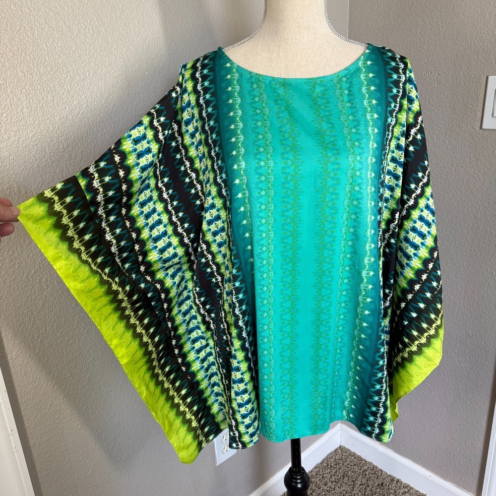 Bob Mackie Wearable Art Tribal Print Woven Caftan Top Size 1X  Peacock Blue Lime